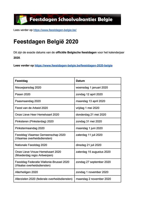 nationale feestdagen belgie 2020
